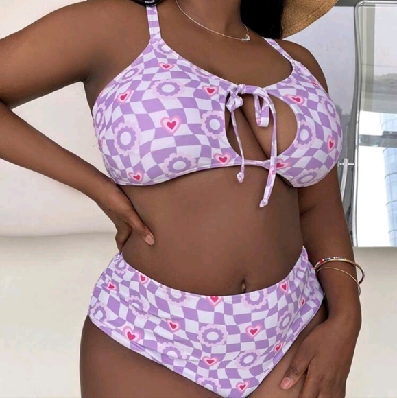 SHEIN 2XL Plaid & Heart Print Tie Front Bikini Swimsuit - Picture 6 of 15